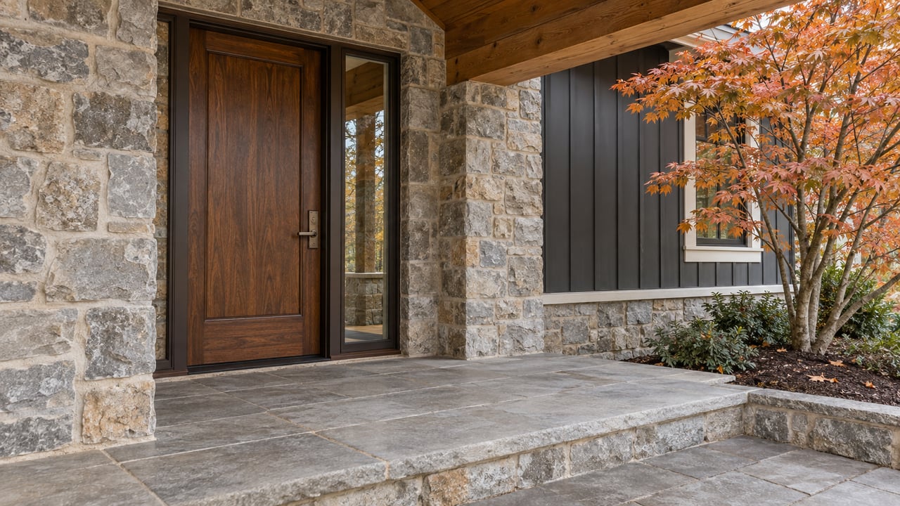 Recessed dark wood front door framed by gray-buff stone, with a limestone porch and copper-leaved maple beside charcoal siding.