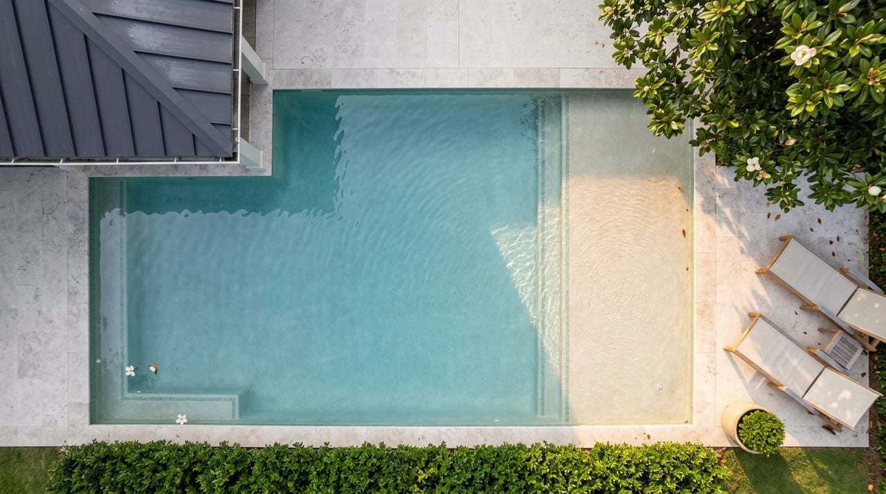 Overhead view of a turquoise pool bordered by pale stone decking, teak loungers, and magnolia leaves.