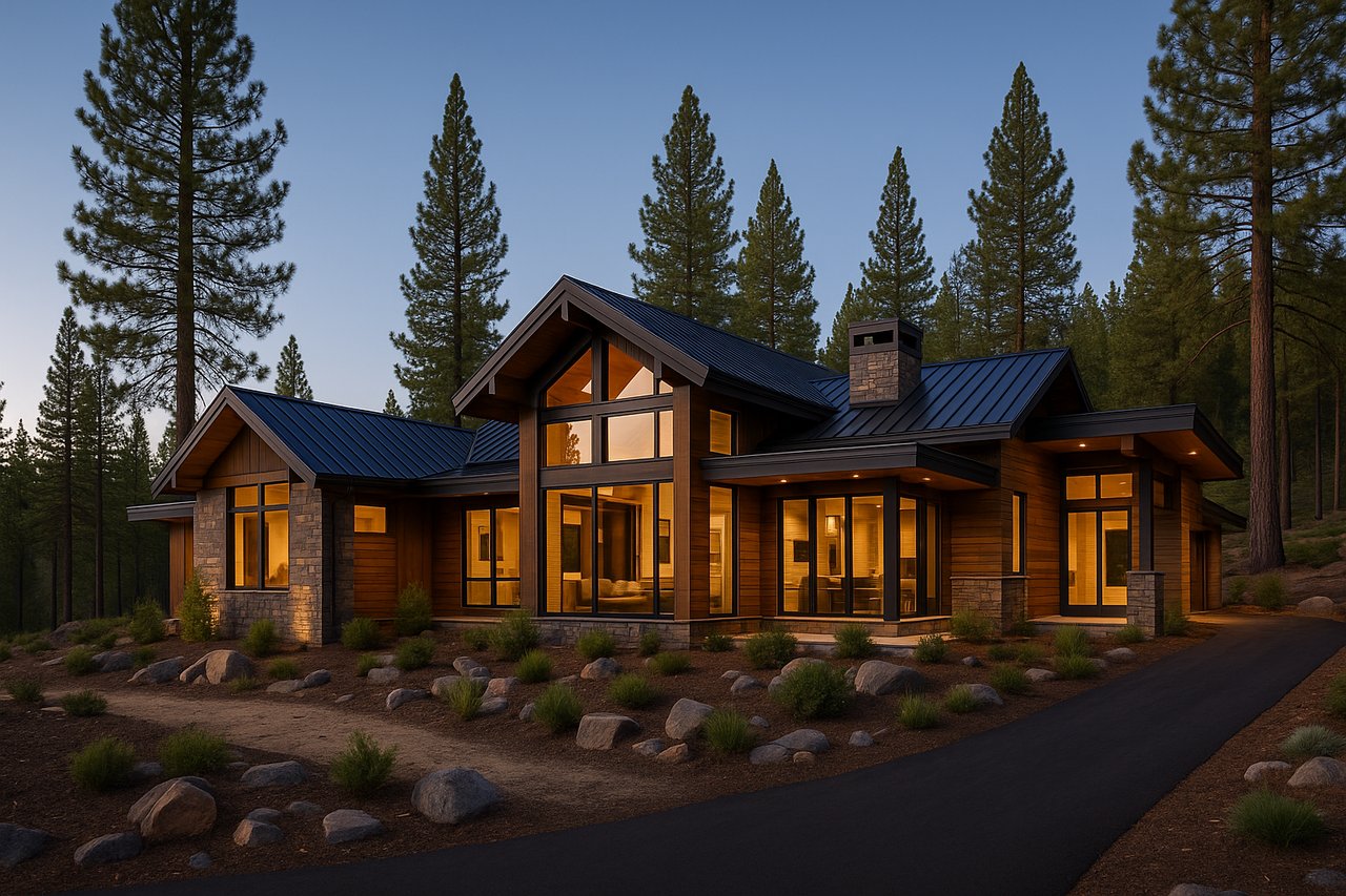 Aerial view of luxury mountain homes in Truckee surrounded by forest and Sierra Nevada peaks.