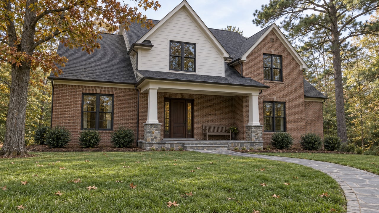 Autumn lawn leading to a brick home with white porch columns, stone steps and mature oak and pine trees.