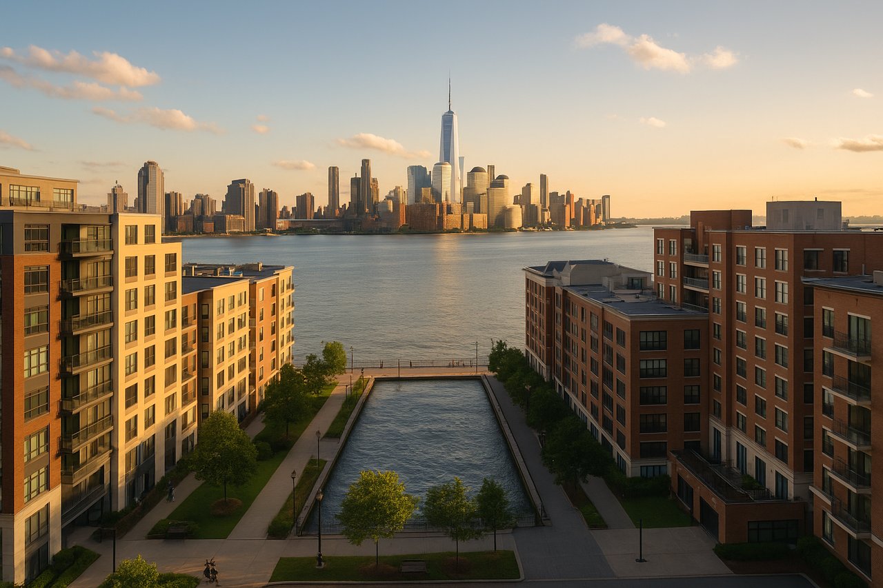 Weehawken waterfront condos with landscaped park, reflecting pool, and Manhattan skyline across the Hudson River at sunset.