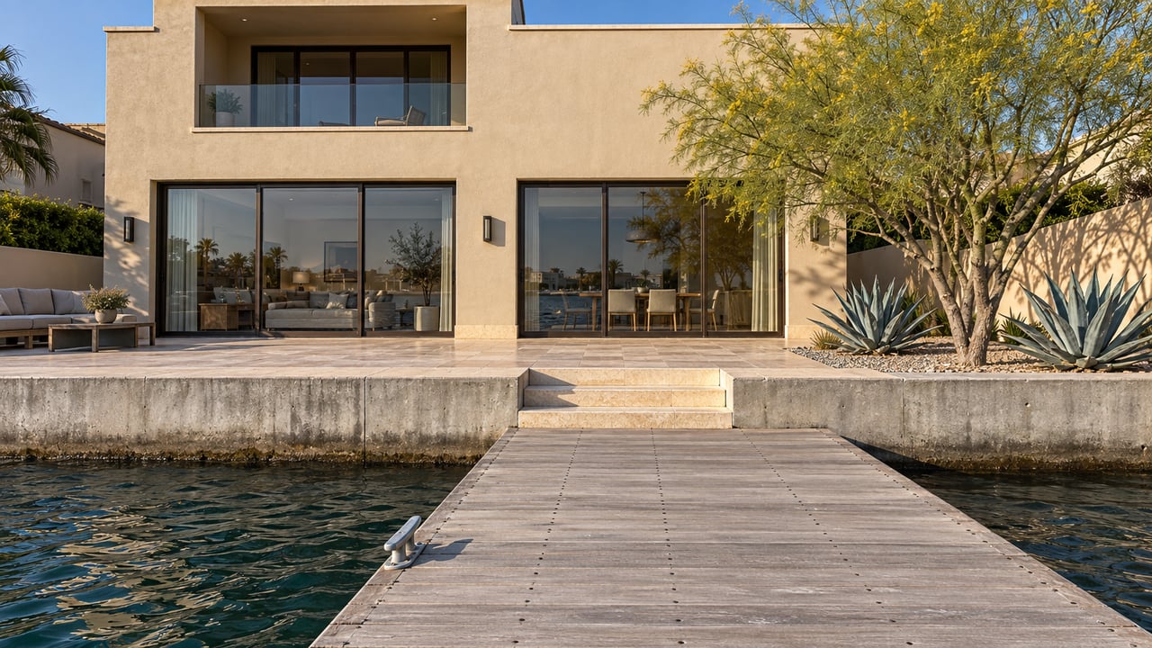Private dock and rippled water lead to a raised terrace and tan stucco waterfront house.