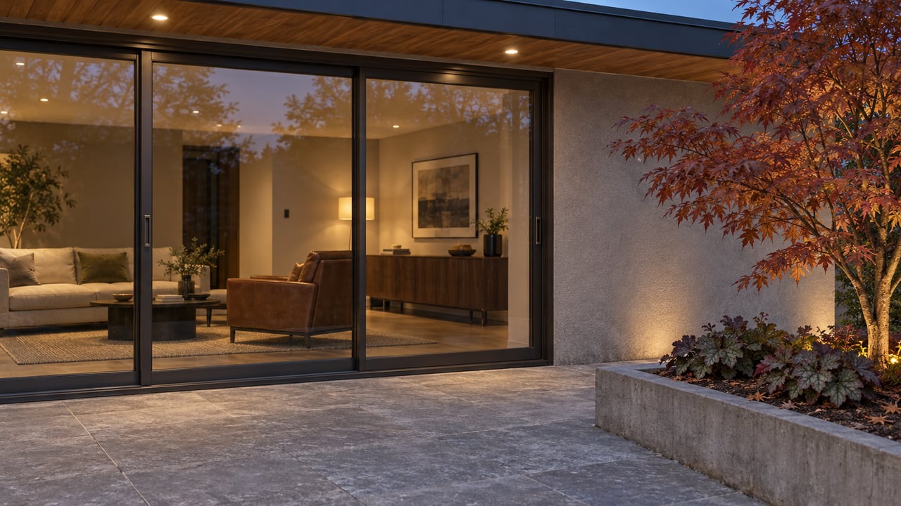Contemporary home's limestone terrace at dusk, with bronze-framed glass doors, warm wood soffit, and a copper-red Japanese maple in a raised concrete bed.