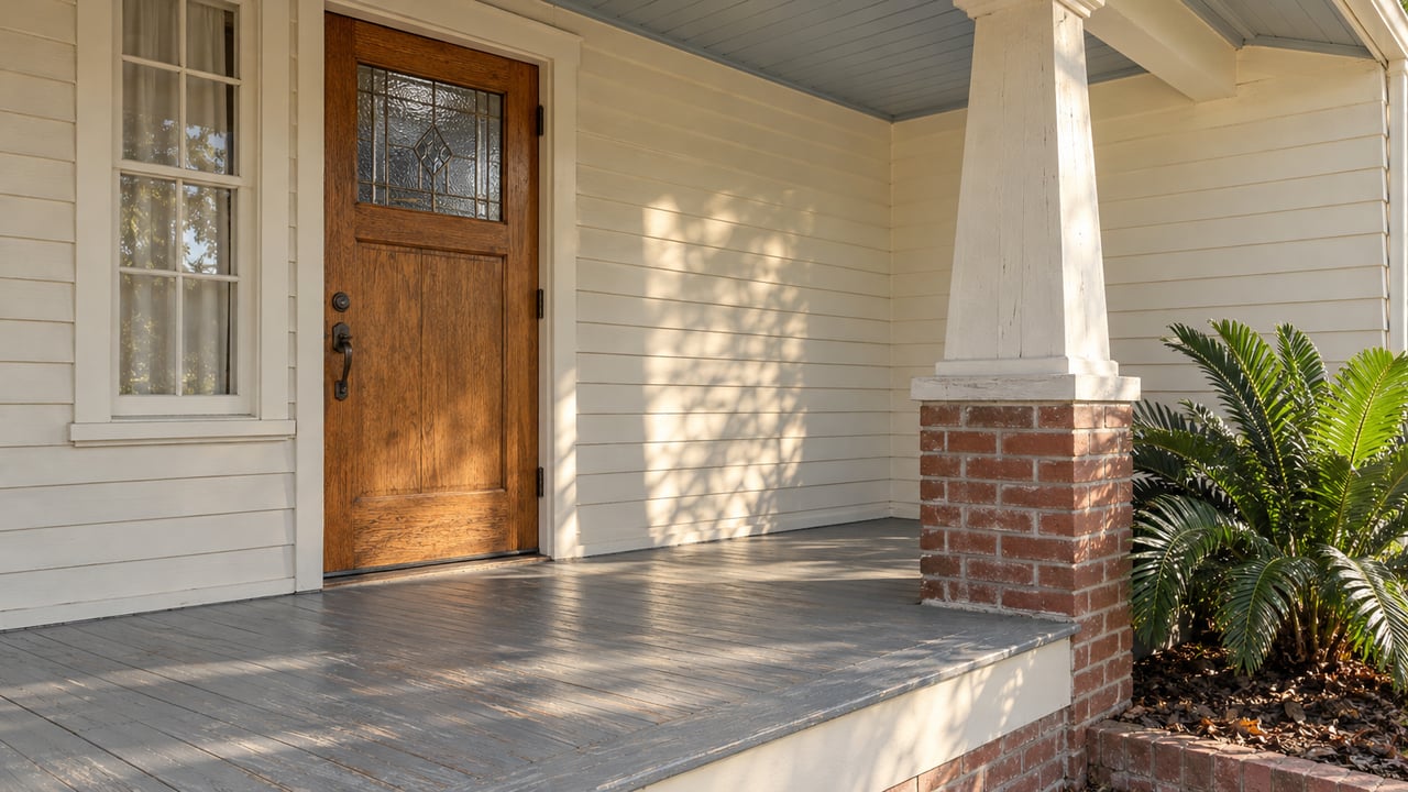 Morning light across an oak front door, cream clapboards and a brick-supported painted porch, with one coontie plant in the garden below.