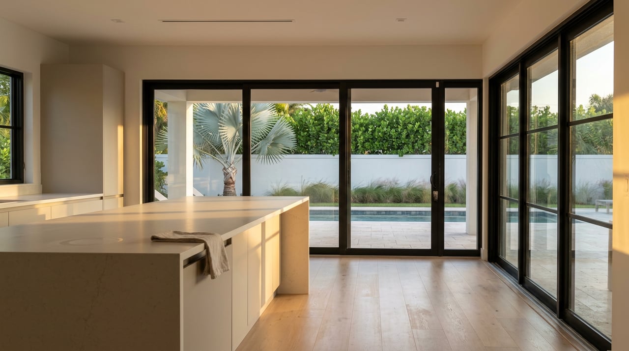 Kitchen island and black steel-framed glass doors open onto a lanai, with a silver-blue palm beyond the pool.