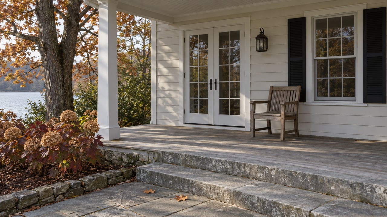 Autumn sunlight on a weathered cedar porch with white clapboard walls, closed French doors, bluestone steps and a narrow glimpse of water.