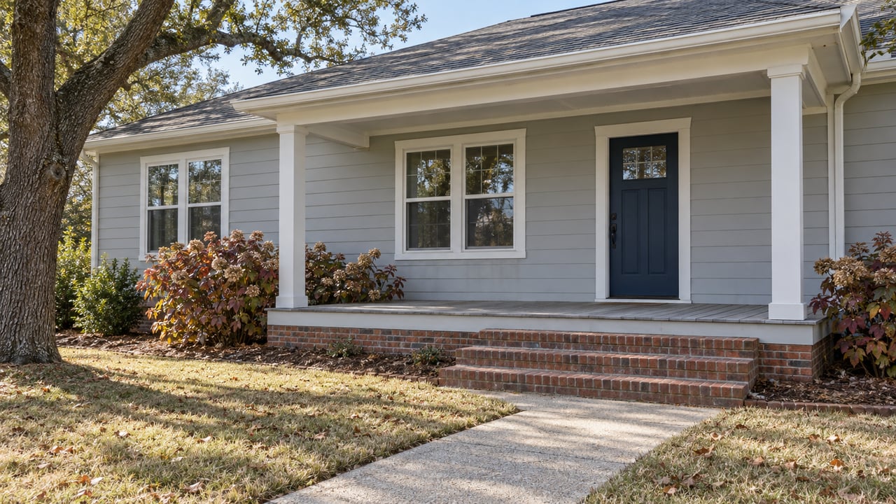 Pale gray house with a covered porch, brick steps and a concrete walk crossing a dormant lawn beneath a spreading oak.