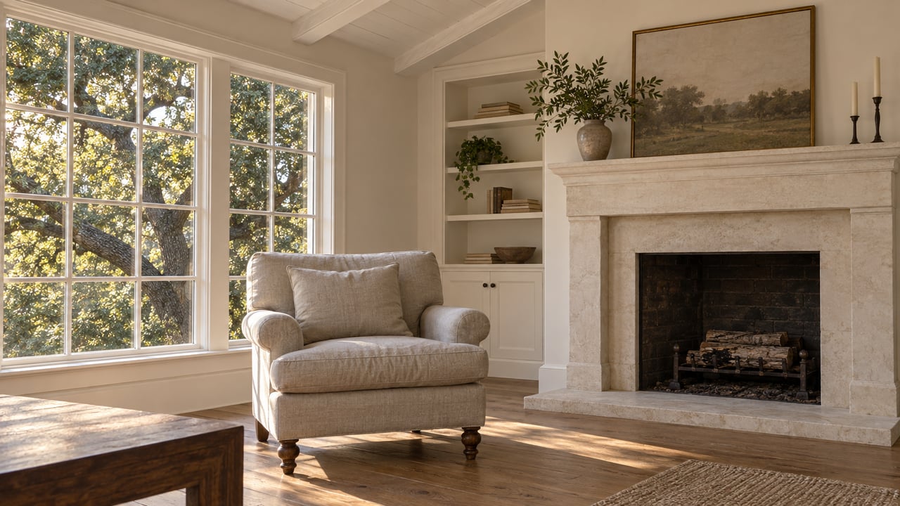 Late-afternoon light crosses an oak floor beside a linen armchair and pale limestone fireplace, with a mature evergreen oak visible through a closed window.