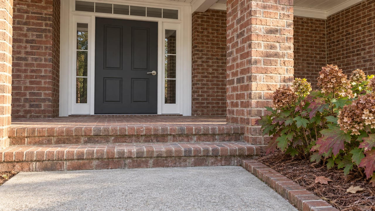 Low-angle view of brick front steps and a charcoal front door with white trim, beside oakleaf hydrangeas.