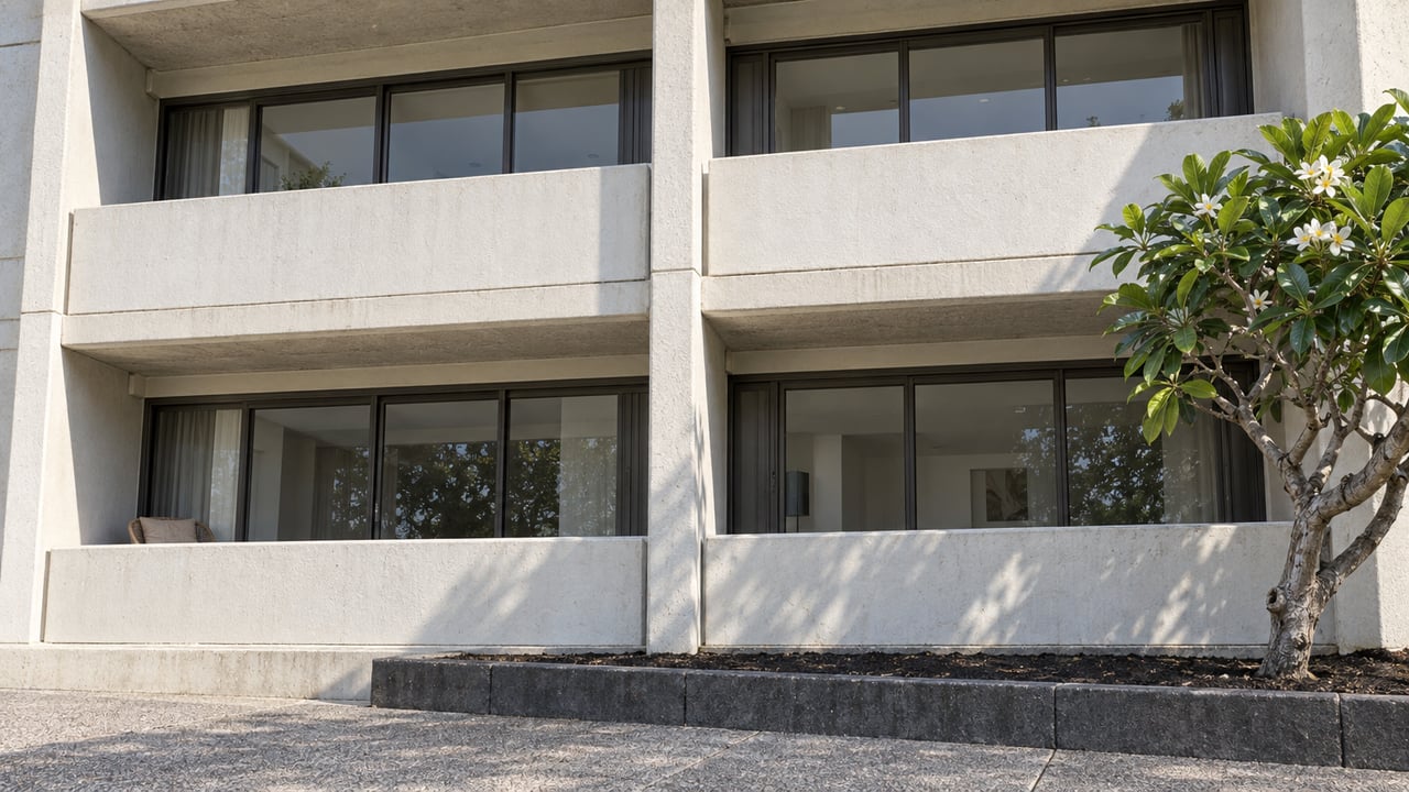 Sunlit concrete condominium balconies with bronze-framed glass doors and a white-flowering plumeria beside a basalt-edged planting bed.