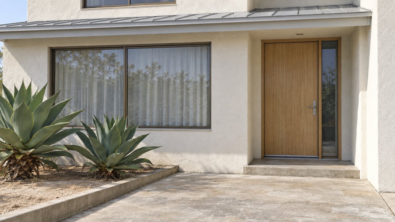 Sunlit warm-white stucco home with a recessed oak entry, bronze-framed window, concrete approach and two sculptural agaves.