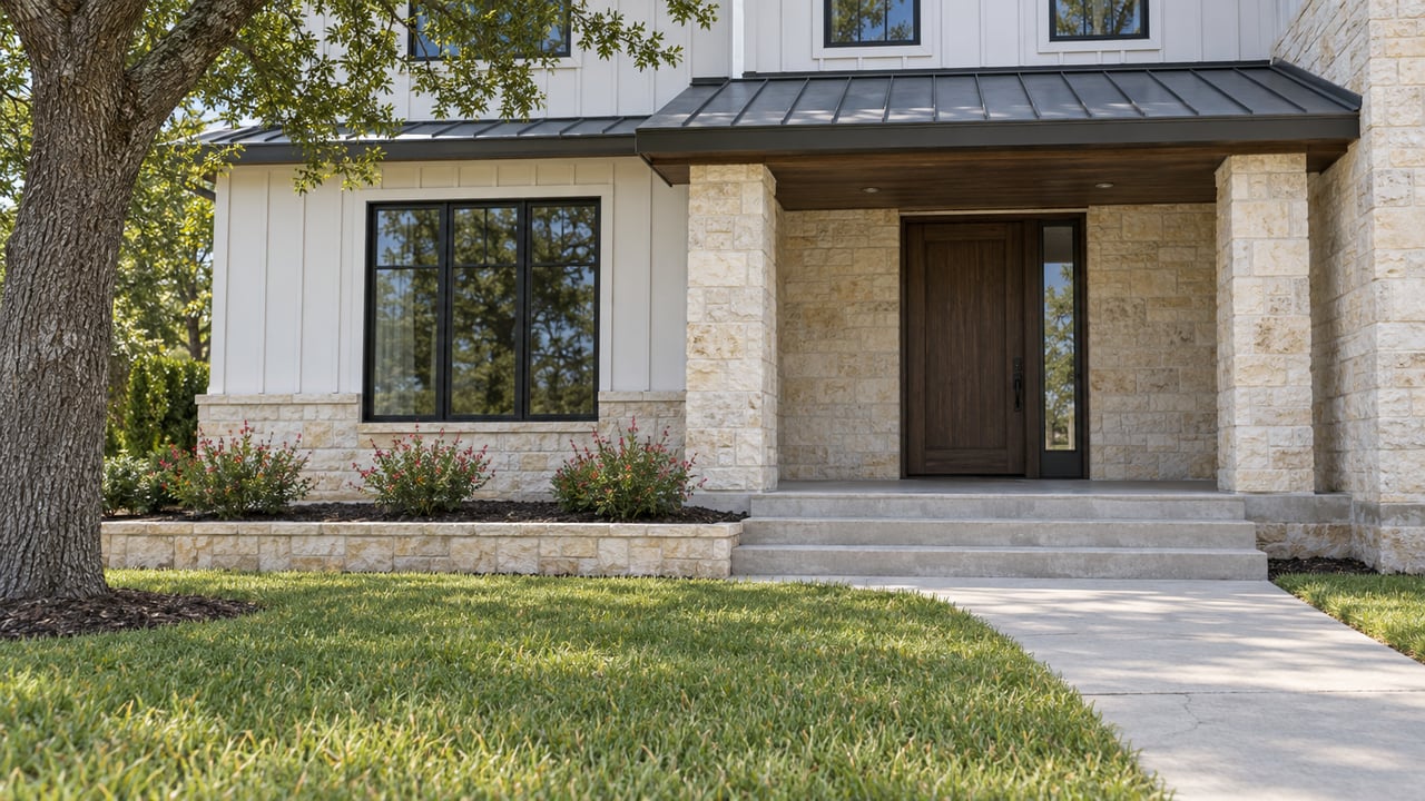 Limestone and white board-and-batten home with a recessed porch, black-framed windows, and a concrete approach across an established lawn.