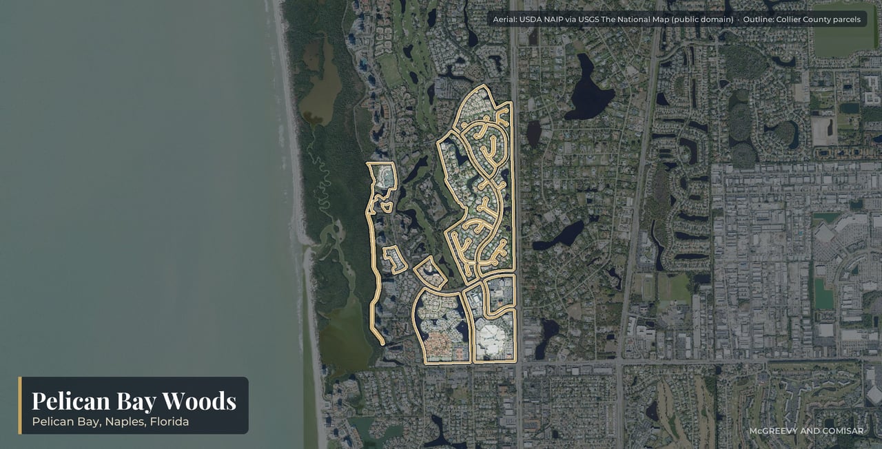 Aerial view of Pelican Bay Woods at Pelican Bay, Naples, Florida, with its parcels outlined