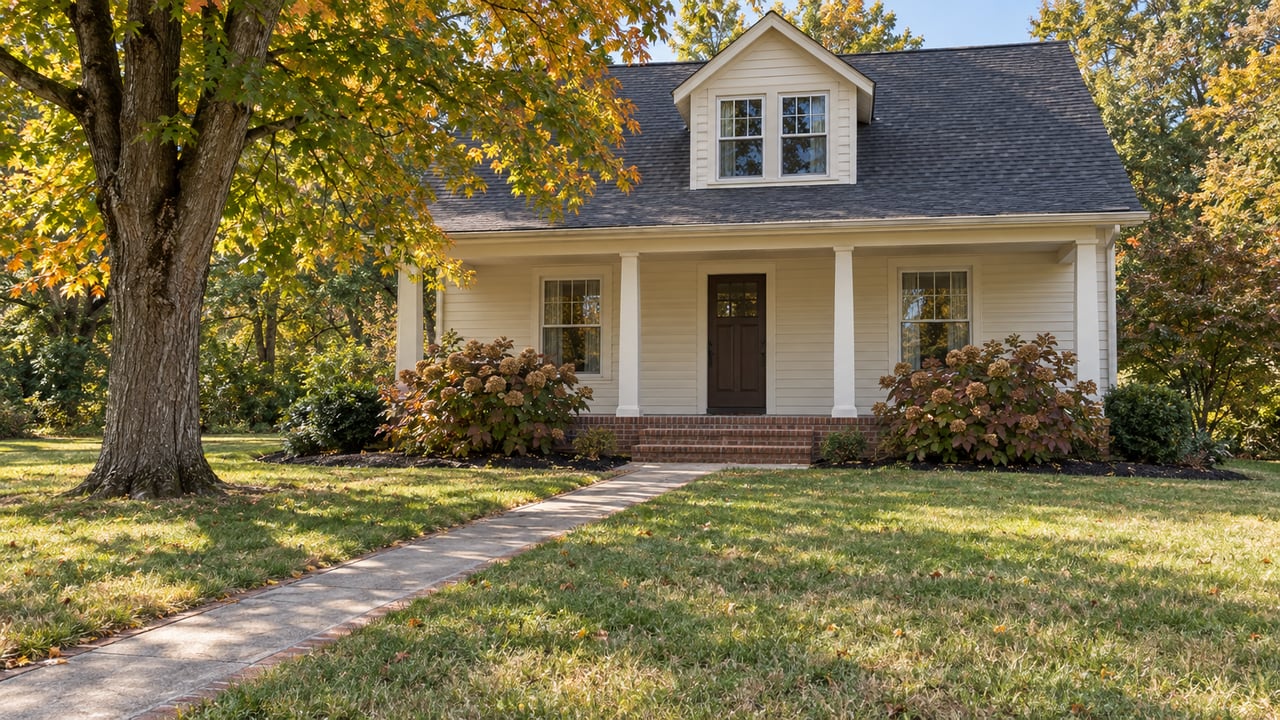 Cream wood-sided house with a brick porch, deep front lawn and an amber-leaved maple in October daylight.