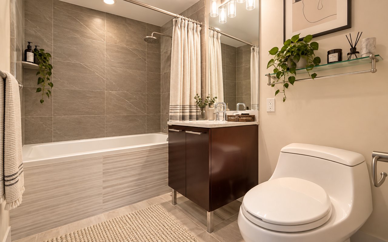 Bathroom with a gray tiled tub and shower, dark wood vanity, and white toilet.