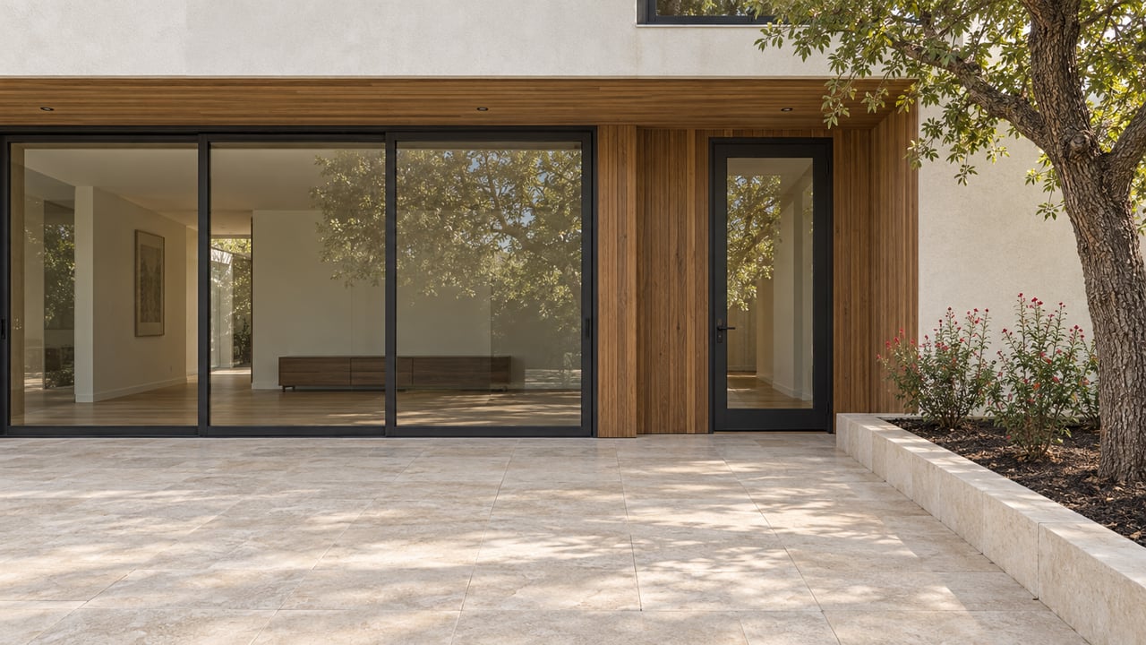 Wood-lined overhang above dark-framed glass doors, weathered cedar and limestone paving beside a mature live oak and flowering sage.