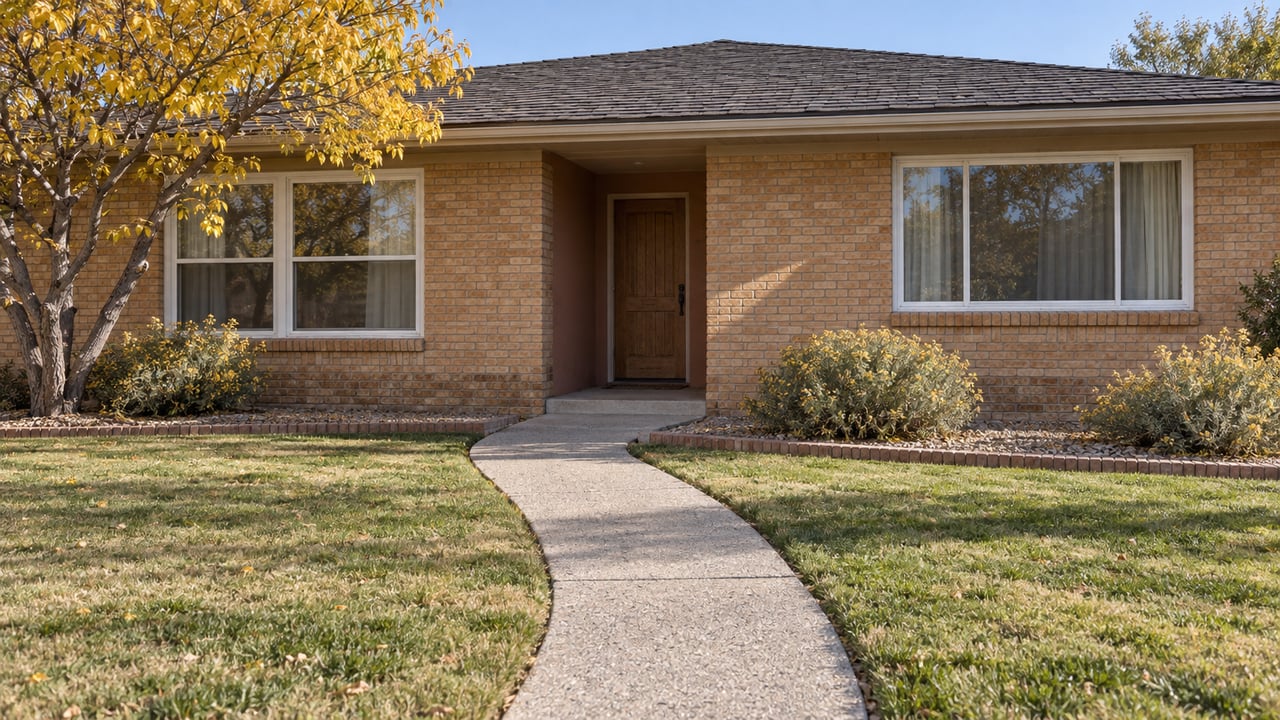 A modest brick ranch home with a recessed timber entry, autumn redbud tree and broad lawn beside a concrete front walk.