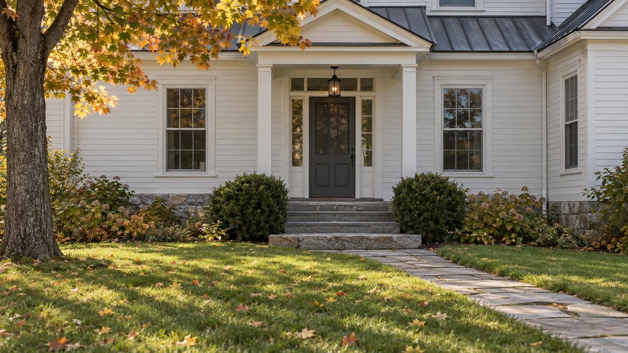 Off-white clapboard house with a covered entry, bluestone walk, and gold-russet maple branches.