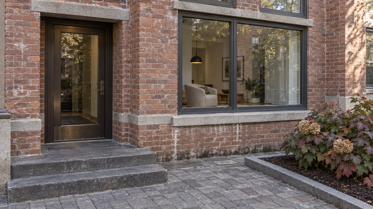 Renovated brick apartment entrance with dark glazed door, tall residential windows, granite steps and an autumn oakleaf hydrangea in a stone-edged bed.