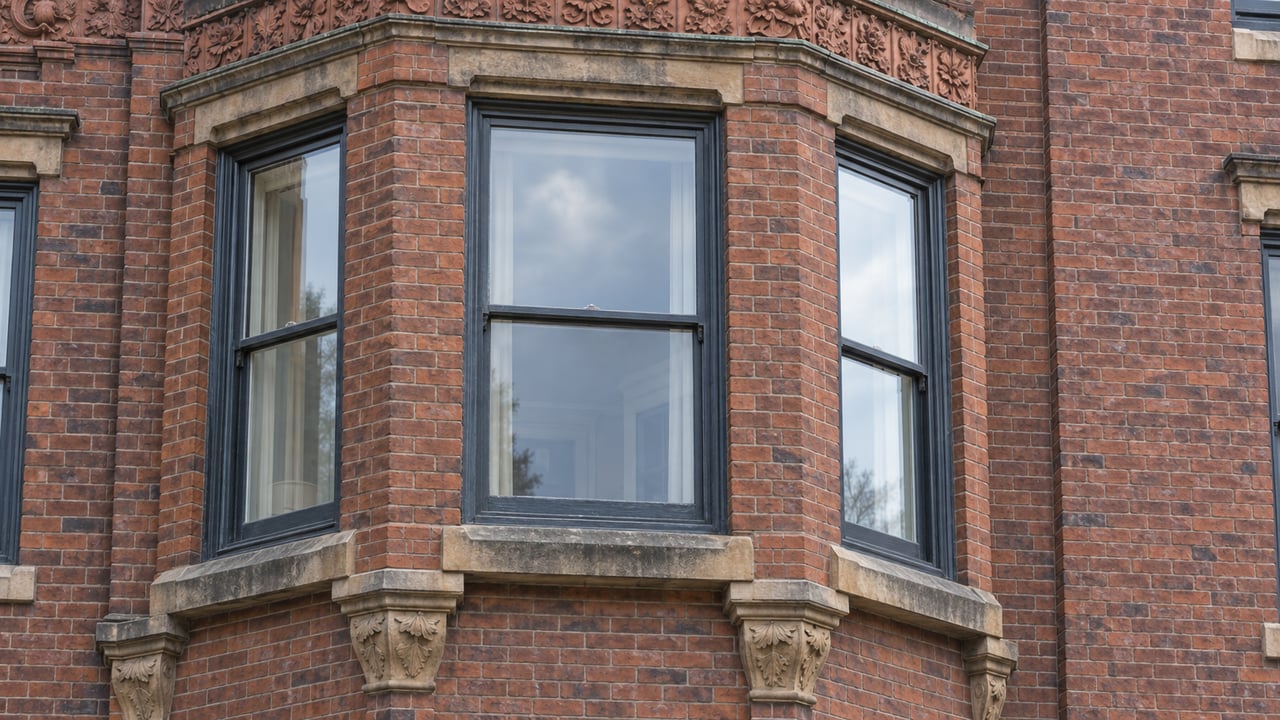 Close view of a russet brick home's projecting bay, charcoal sash windows, weathered sandstone details, and carved terracotta cornice.