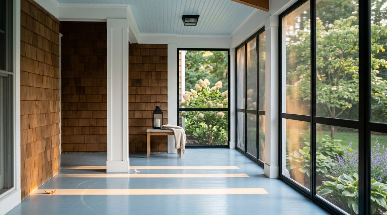 Screened porch with amber light bars across a blue floor, cedar-shingle wall, and black lantern on a teak table.