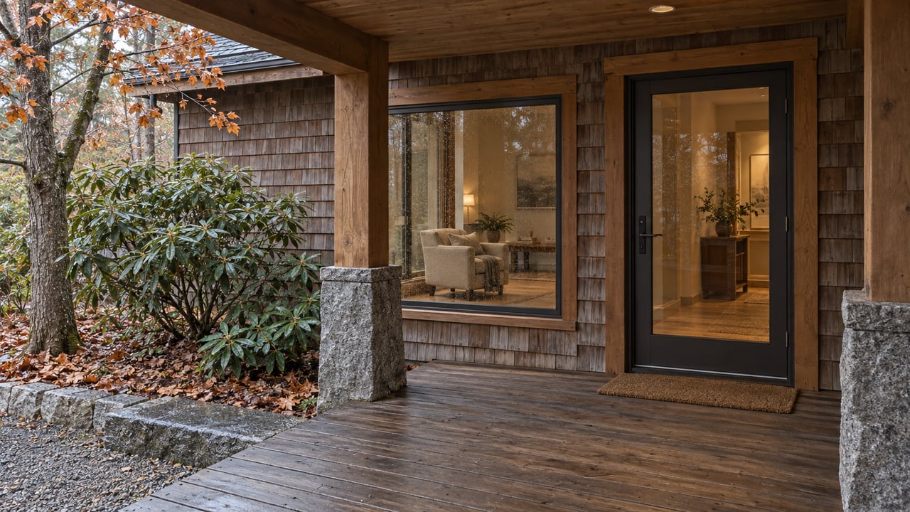 Covered cedar entry with timber beams, granite steps, rain-darkened stone and warm light behind closed windows.