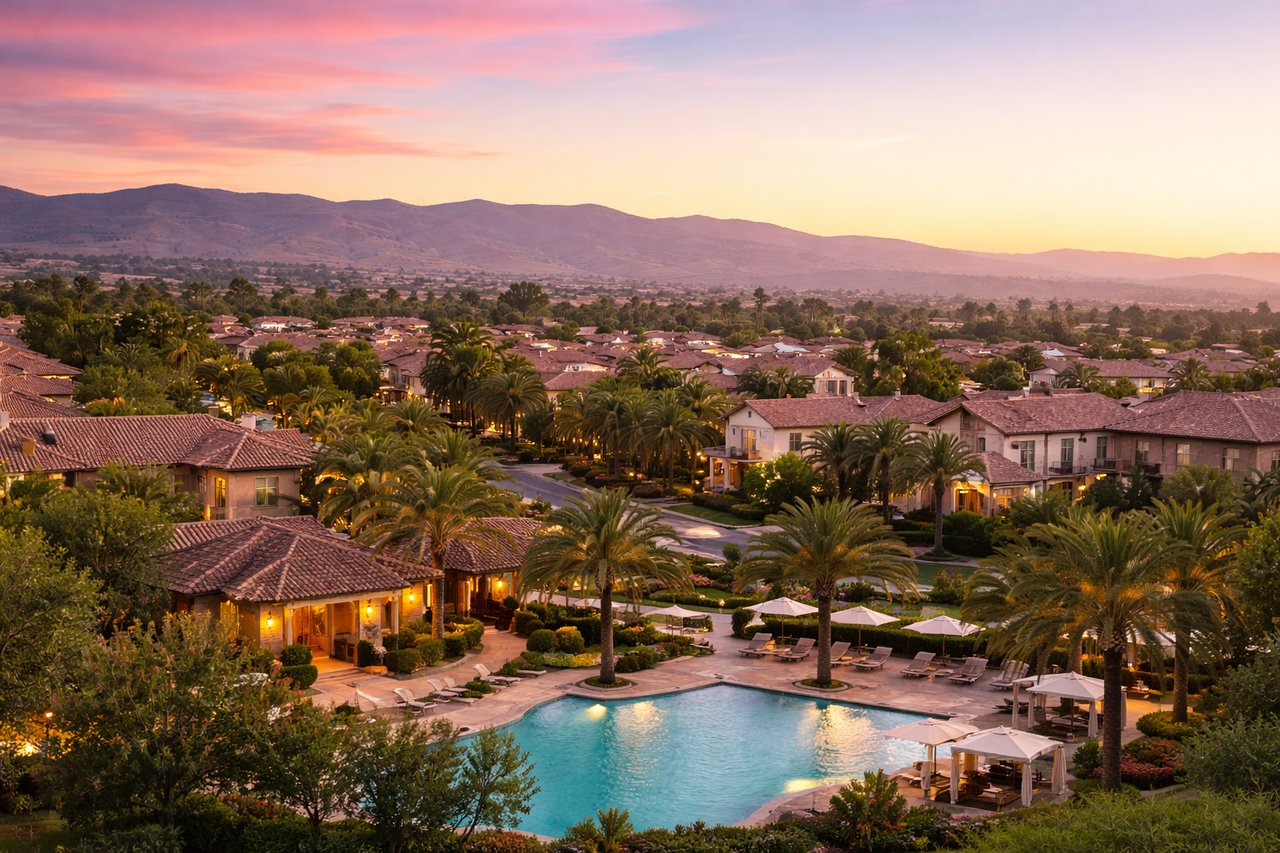 Aerial view of an Irvine neighborhood with homes, palm trees, and community amenities at sunset