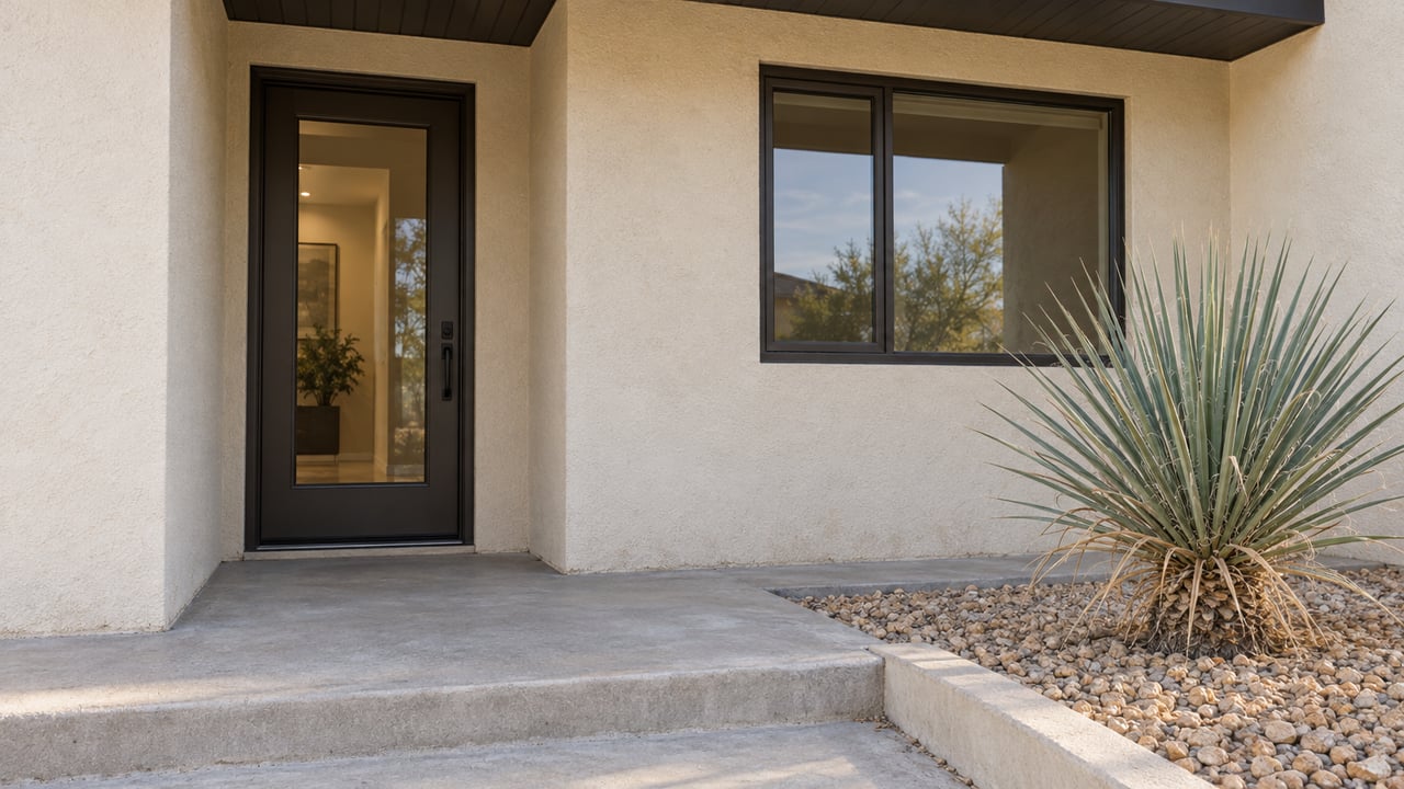 Close view of a light stucco home's recessed glazed entry, dark window frames and concrete porch beside gravel and a single yucca.