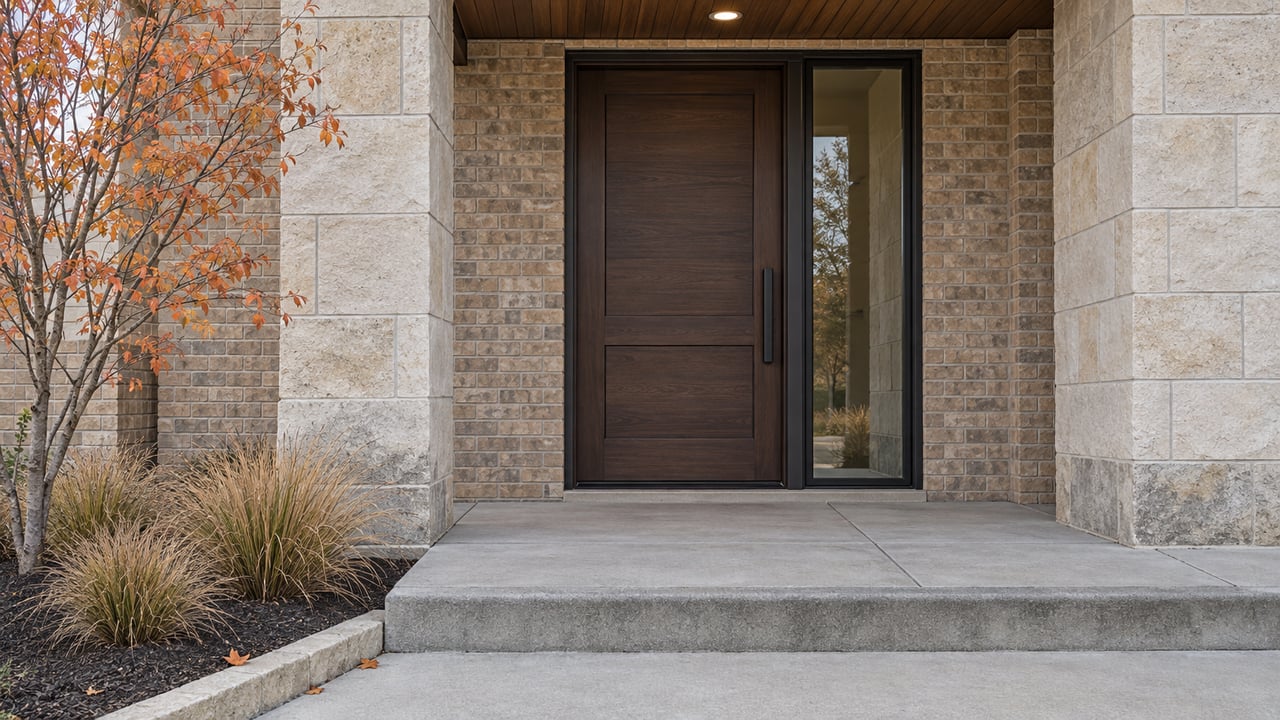 Sheltered brick and limestone front entrance with a dark wood door, autumn serviceberry leaves and a broad concrete landing.