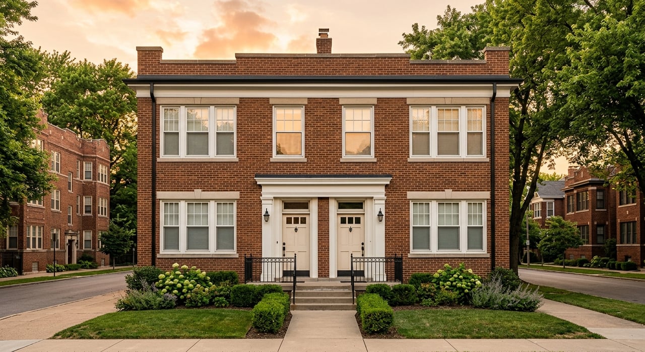 Red-brown two-story brick house with stacked bay windows, a raised stoop, and a small tree.
