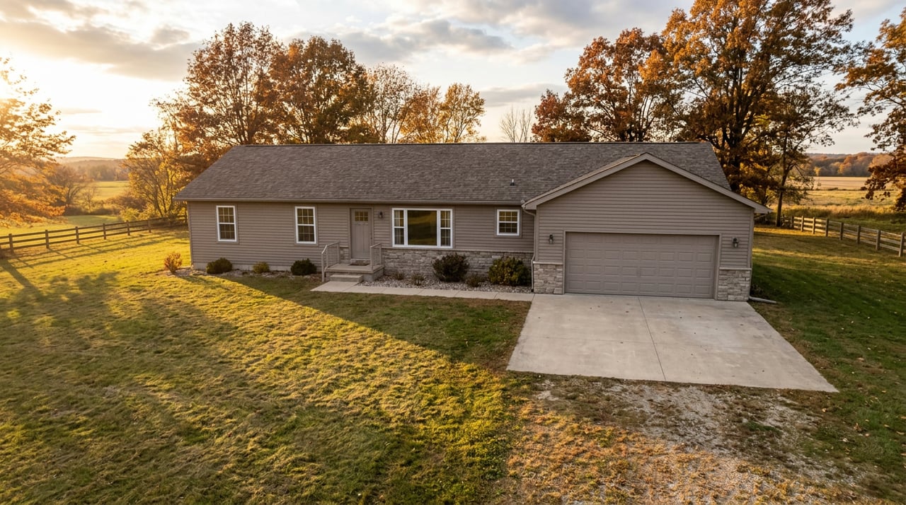 Single-story ranch house with taupe siding, stone accents, and a wide driveway across an open lawn.