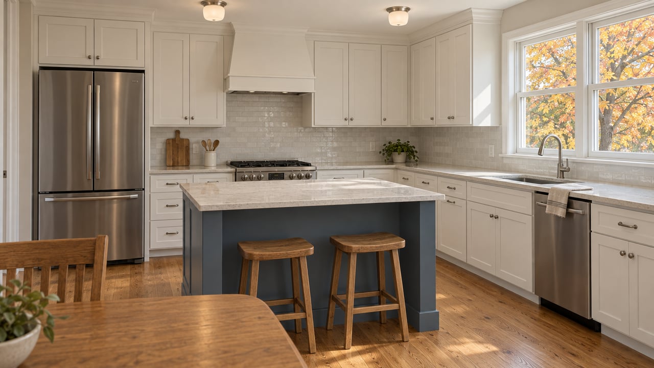 Sunlit family kitchen with white cabinetry, a slate-blue island, oak floors and golden maple leaves outside the window.