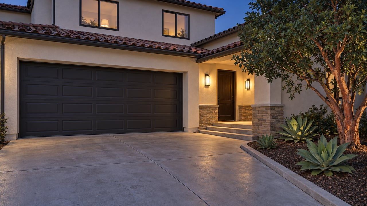 Cream stucco home with a charcoal two-car garage, clay-tile roof and warmly lit recessed entry beside a curbed succulent bed at twilight.
