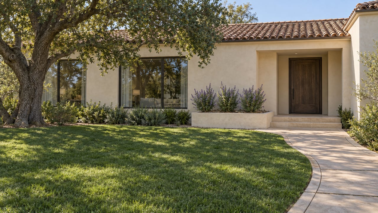 Stucco home with a tile roof, shaded lawn, mature tree, and curved front walkway.