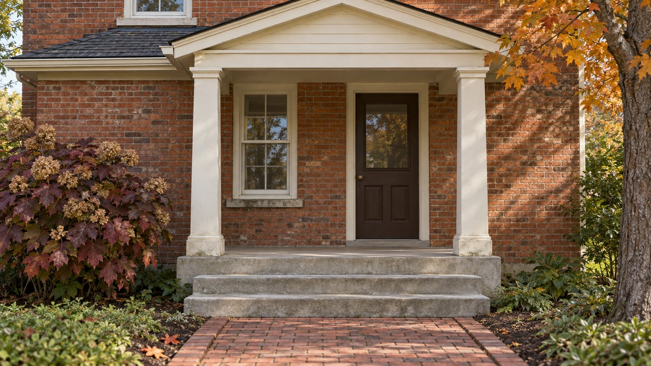 Red brick house entrance with white porch columns, broad steps, brick walkway, and autumn foliage.