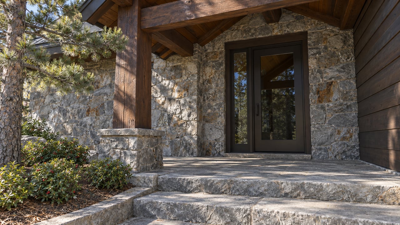 Timber-framed covered entry with gray stone walls, a closed glazed door, broad stone steps and a small bearberry planting bed.