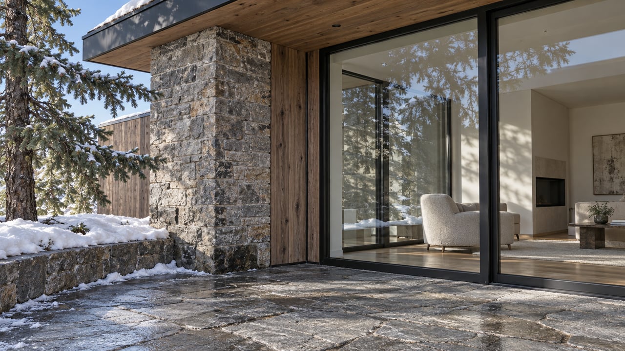 Snow-edged stone terrace beside a timber-clad home with large enclosed windows and a spruce branch.