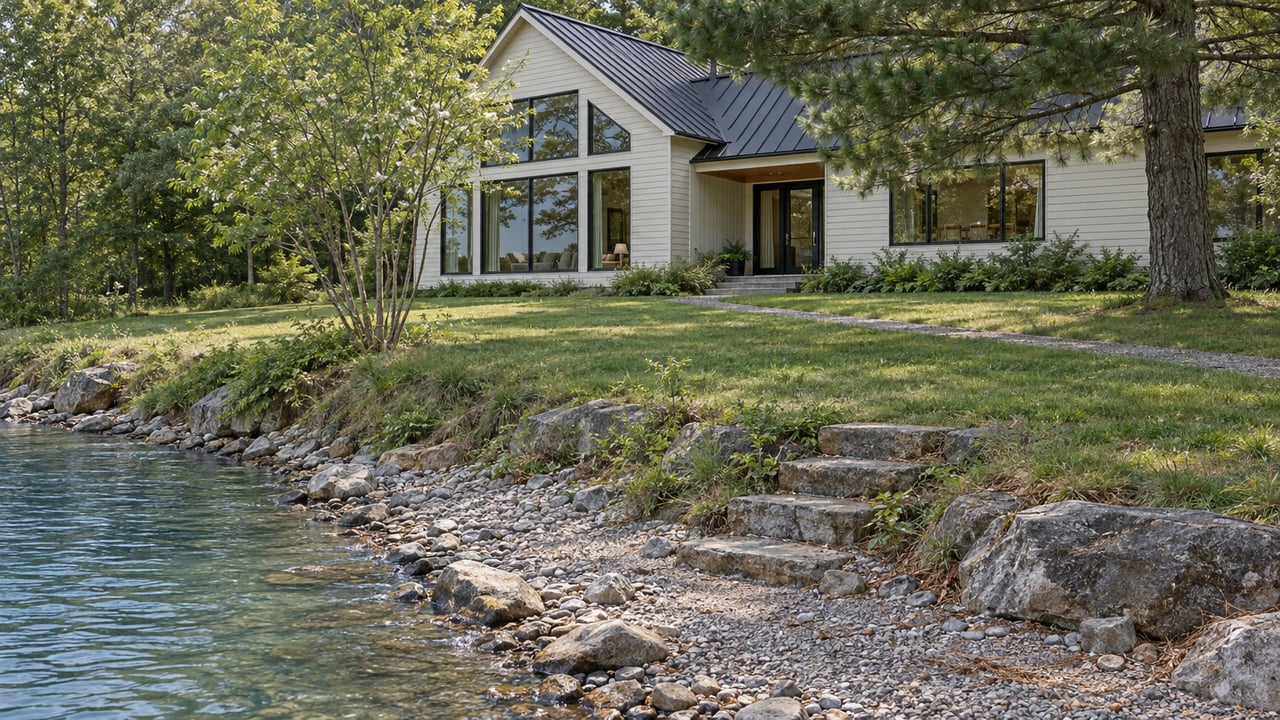 Ivory-sided lakeside house beyond a broad green yard, with stone steps descending to blue-green water.