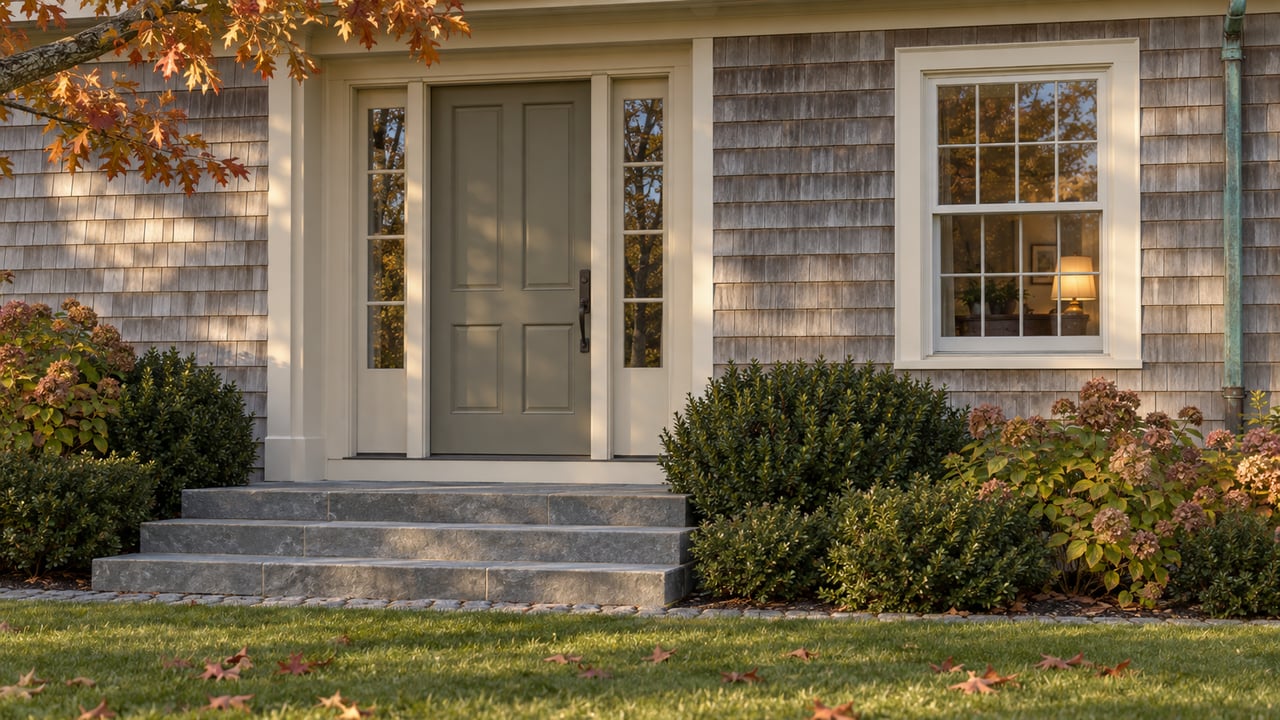 Recessed timber front door with glazed sidelights, bluestone steps, and russet oak leaves against cedar shingles.