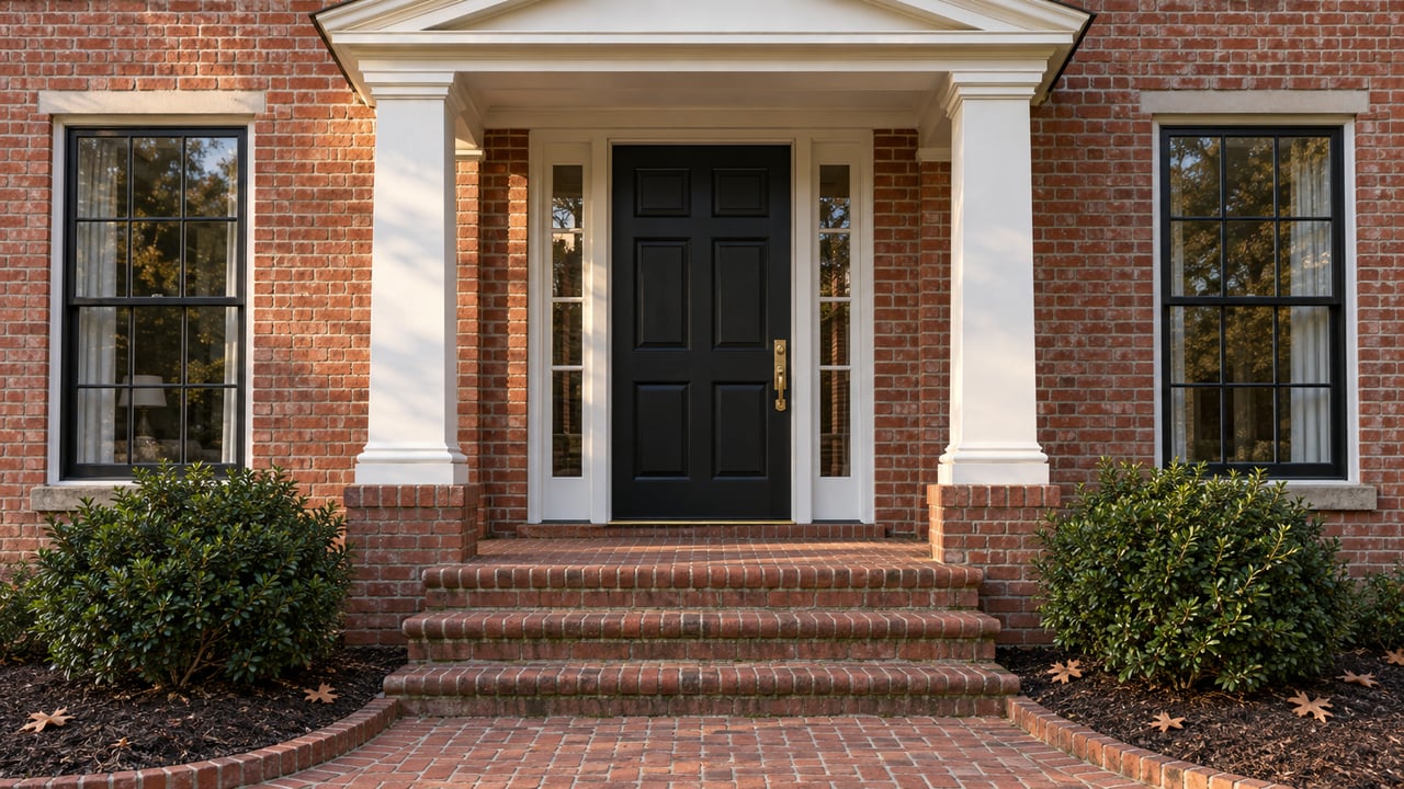 Red-brick home entry with a white pediment, paired columns, black front door, and brick steps beside two inkberry shrubs.
