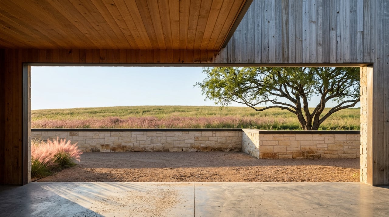 Limestone breezeway frames a gravel court, mesquite tree, and bluestem meadow beneath a cedar ceiling.