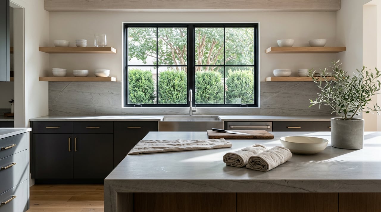 Quartzite kitchen island with linen towels and ceramic bowl beneath a black steel window overlooking clipped hedges.