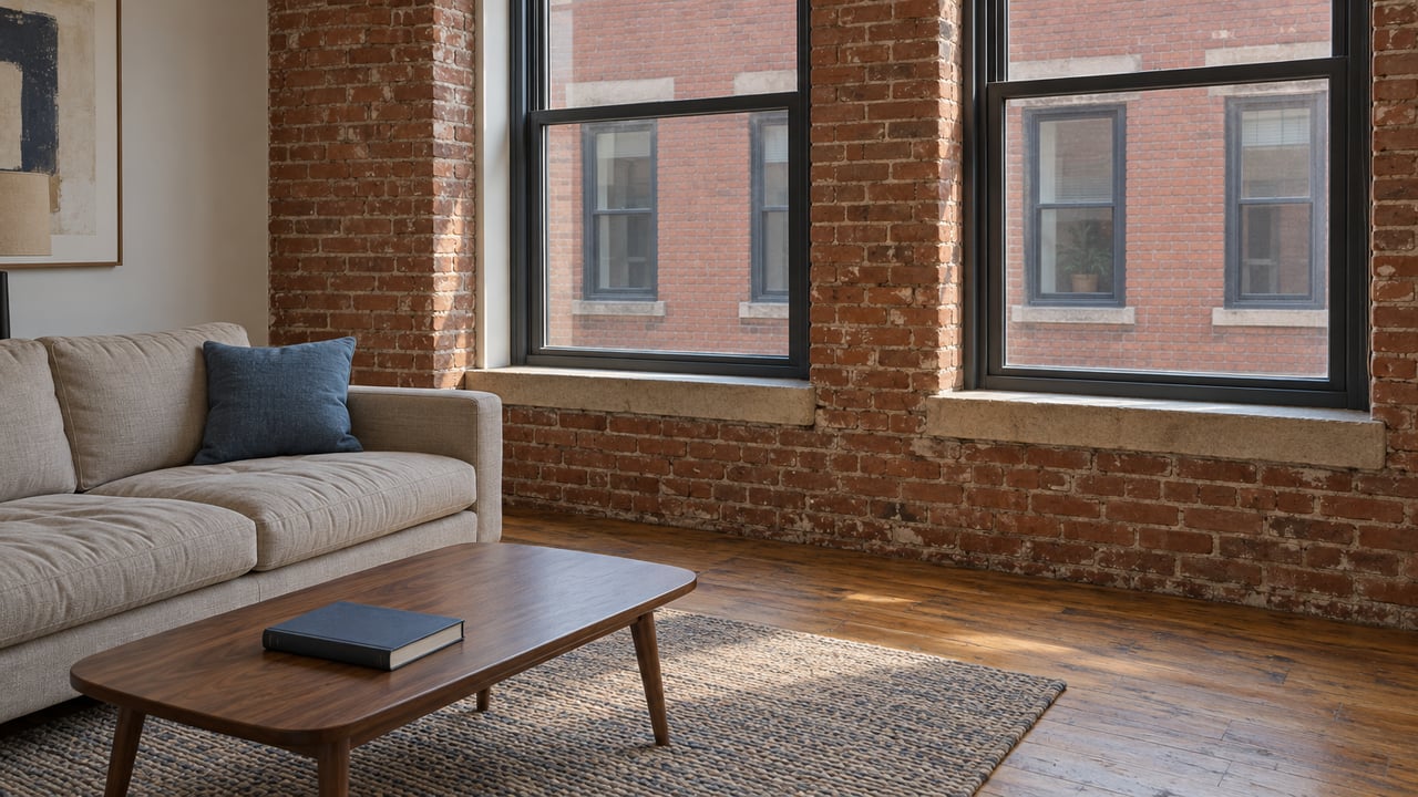 A comfortable brick-walled living room with oak floors, a linen sofa and tall steel-framed windows facing another brick building.