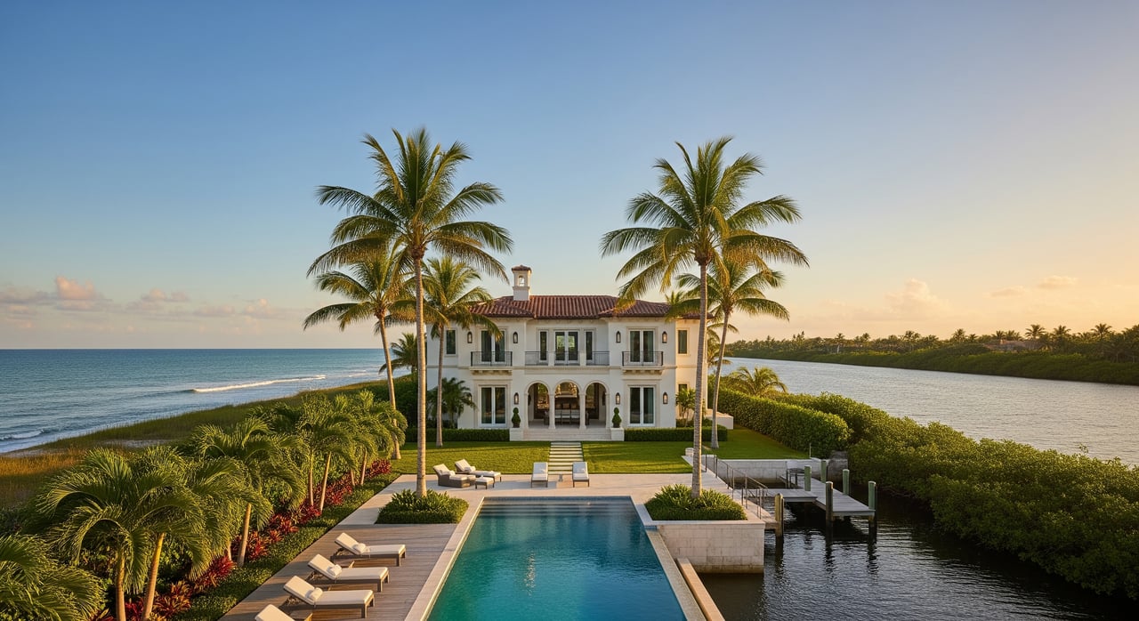 White coastal villa between two palm trees, with a long pool, ocean, and mangrove-lined waterway.