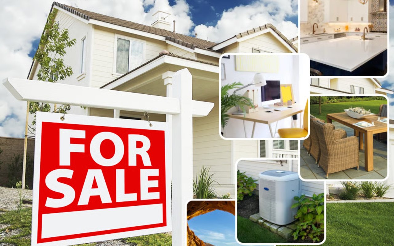 White house with a prominent red FOR SALE sign and inset photos of home features.