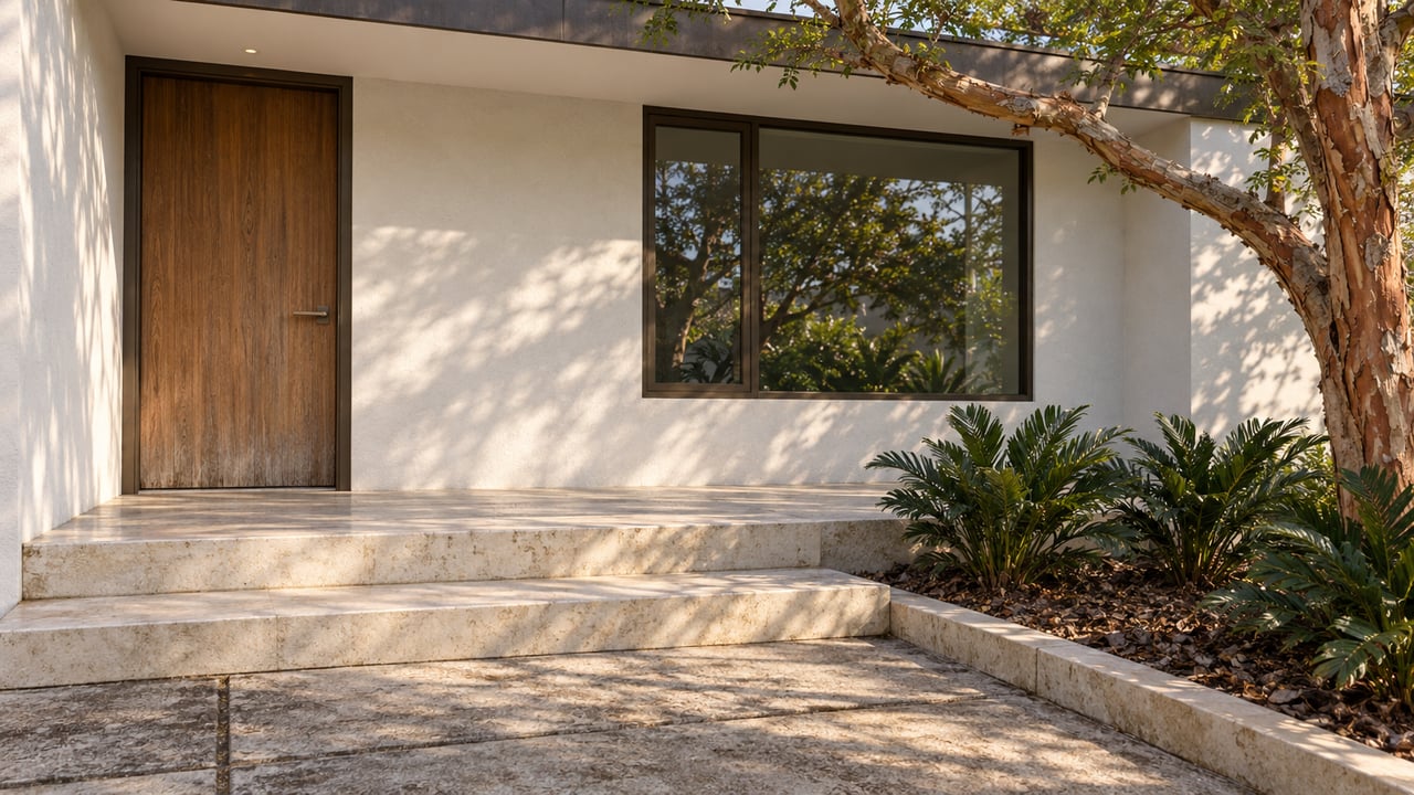 Sunlit pale-stucco home entrance with a wood door, bronze-framed window, limestone steps and a peeling copper-barked tree.