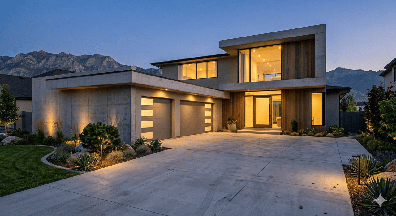 Modern home viewed from driveway perspective