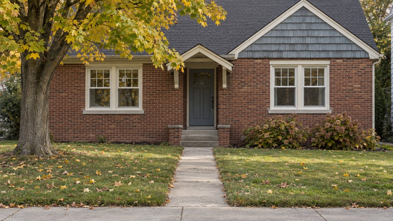 Brick house with a blue-gray shingle gable, divided-light windows, and a narrow walk across an autumn lawn.