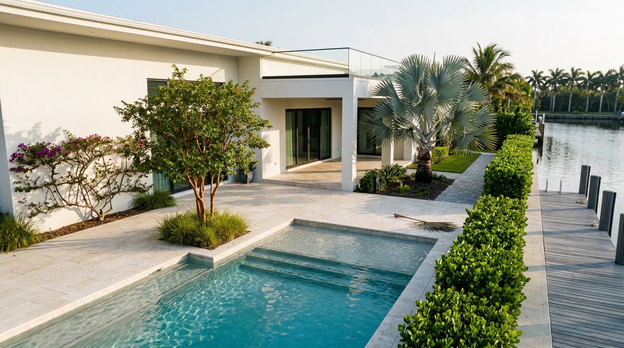 Modern white stucco waterfront home with a pool, covered loggia, dock, and palms across the canal.