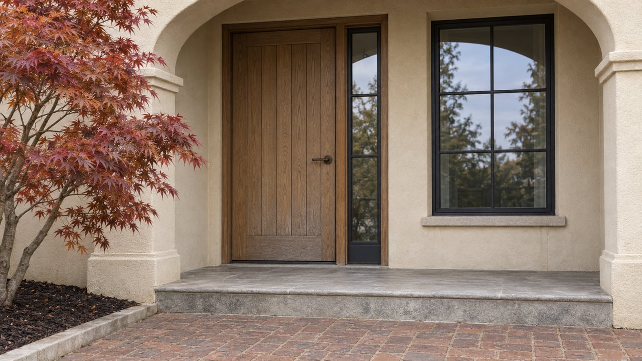 An ivory stucco arched entry with an oak door, black-framed window, worn stone step and copper-red Japanese maple leaves.